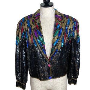 Modi Womens Sequin Jacket Black Size 10 Vintage Silk Beaded Cropped Multicolor